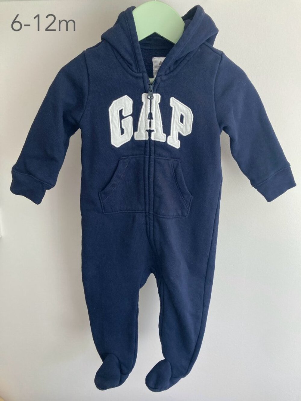 💙2/$25 GAP 6-12 Months Baby Hood Fleece Navy Blue Zip Romper Jumpsuit Winter